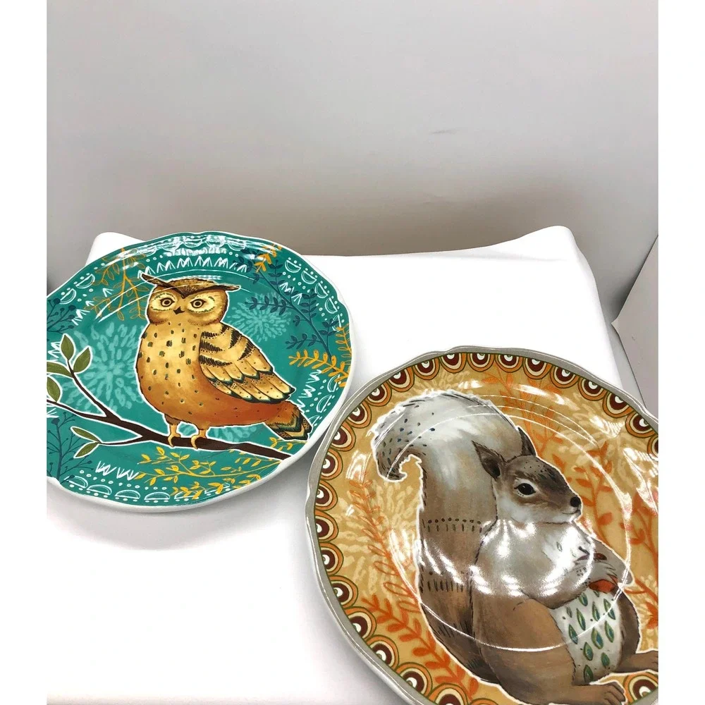 Pier 1 Imports Autumn Splendor Critters Owl Squirrel Salad Plates Set of 2 Teal